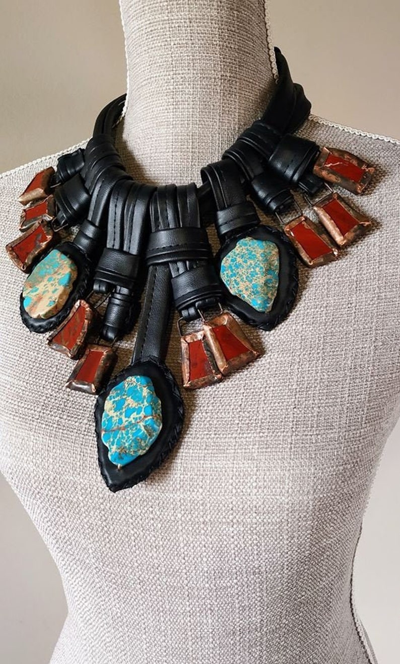 Black leather Necklace Turquoise and Red Jasper Stones image 0