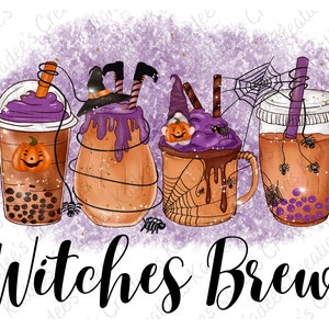 May include: Four Halloween-themed drinks with purple, orange, and brown colors. The drinks are topped with whipped cream, candy, and a spider web design. The text "Witches Brew" is written in black below the drinks.