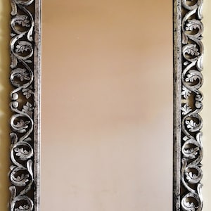 Monica Genuine Hand-Carved Mango Rectangular Wooden Wall Mirror Glamorour Scroll Pattern Carving in Silver Foil Finish Frame