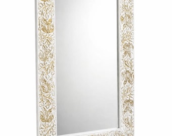 White With Golden Foil Finish Decorative Handmade Carved Mirror Frame For Living Room