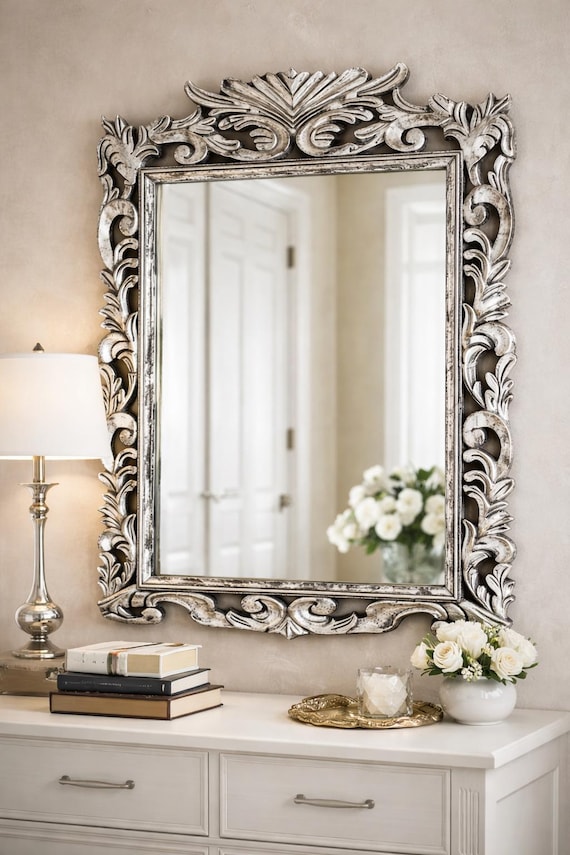 Large Wooden Hand Carved Wall Mirror, Silver Foil Finish - Etsy