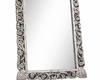 Hand-Carved Mango Wood Wall Mirror, Silver Foil Finish, 92x62cm