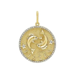 Ciondolo con diamanti Pave Zodiac, ciondolo con diamanti naturali Zodiac, ciondolo con segno zodiacale in oro giallo 14k, ciondolo con diamanti Pesci Astrologia, PN-9070