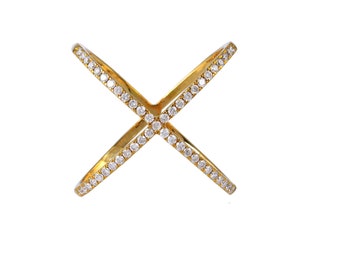 Criss Cross Pave Diamond Ring, Diamond Pave Cross Criss Ring, 14k Yellow Gold Real Natural Diamond Pave Ring Anniversary Gift Women, RN-9121