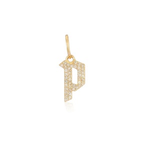 Colgante personalizado con diamante natural, oro amarillo de 14 k, inicial P de diamante, dije con nombre y letra gótica en oro macizo PN-9111
