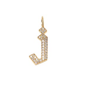 Pingente inicial de diamante pavê, pingente inicial de ouro 14k, pingente gótico de diamante j, pingente de letra de diamante, pingente de monograma de alfabeto dourado PN-8307