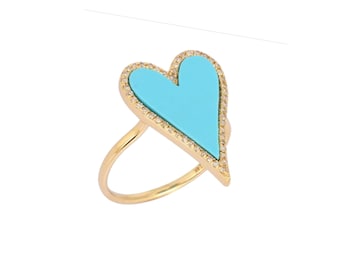 14k guld turkos hjärtring, paved diamantband, US 7