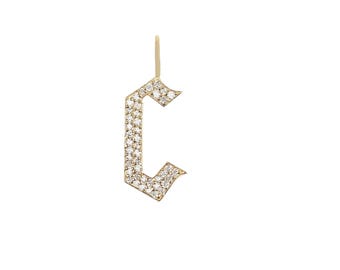 Natuurlijke diamanten gotische charme, 14k geelgouden monogramhanger, diamant effenen woordhanger, gouden gotische C-letter personaliseren hanger, PN-8314