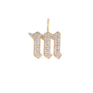 Pingente gótico com pavê de diamante natural, pingente com inicial "m" de diamante, pingente personalizado em ouro amarelo 14k, pingente com letra e nome em ouro maciço, PN-9500
