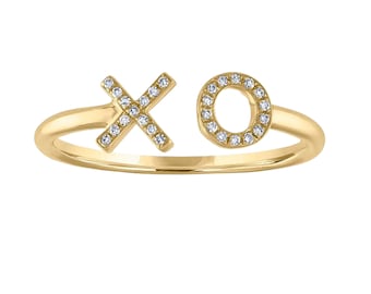 Natural Diamond Pave Ring, Pave Diamond XO Ring, 14k Yellow Gold Open XO Ring for Women, Gold Promise Ring Engagement Band Ladies, RN-9041