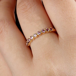 Pink Sapphire Eternity Ring, Gemstone Engagement Band Ring, 14k Yellow Gold Eternity Ring, Solid Gold Ring Women, Sapphire Pink Ring RN-9224