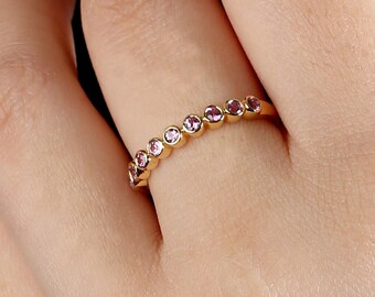 Pink Sapphire 14k Yellow Gold Eternity Ring, Stacking Band