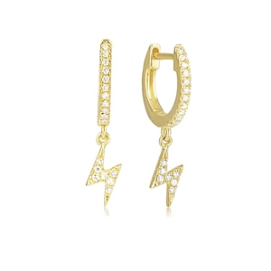 Pave Diamond Hoop Earrings, 14k Yellow Gold Huggie Earrings, Diamond Lightning Bolt Hoop Earrings, Diamond Bolt Earrings for Women, EA-4996