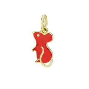 14k Solid Yellow Gold Rat Charm, 14k Yellow Gold Tiny Charm, Plain Gold Mouse Charm Pendant, 14k Gold Red Enamel Pendant Gift Women, PN-5422