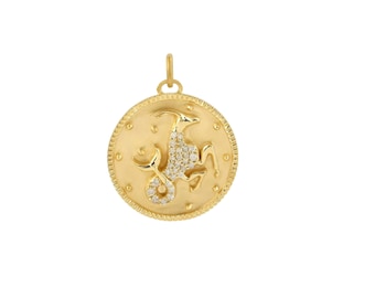 Natural Diamond Capricorn Zodiac Pendant, 14k Yellow Gold Pendant, Solid Gold Zodiac Sign Charm, Diamond Astrology Pendant Women, PN-9141