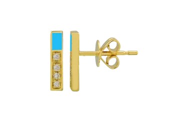 May include: A pair of gold-colored stud earrings. Each earring features a vertical rectangular design with a turquoise blue top section and a row of four small, clear gemstones. The earrings have a post and butterfly backing.