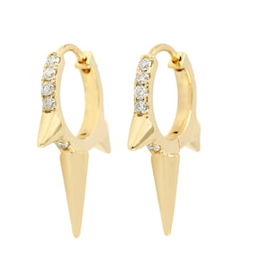 Pendientes de aro con diamantes pavé, pendientes de aro con diamantes pavé, pendientes de aro de oro macizo con diamantes, pendientes de aro de oro amarillo macizo de 14 k, EA-8372