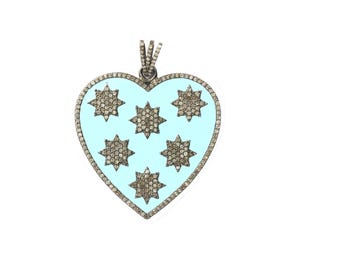 Pave Diamond Turquoise Enamel Heart Pendant, 925 Sterling Silver