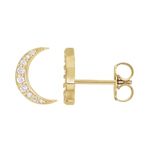 Pave Diamond Moon Earrings, Pave Diamond Mini Studs, 14k Yellow Gold Studs, Natural Diamond Crescent Moon Tiny Stud Earrings Women, EA-9472