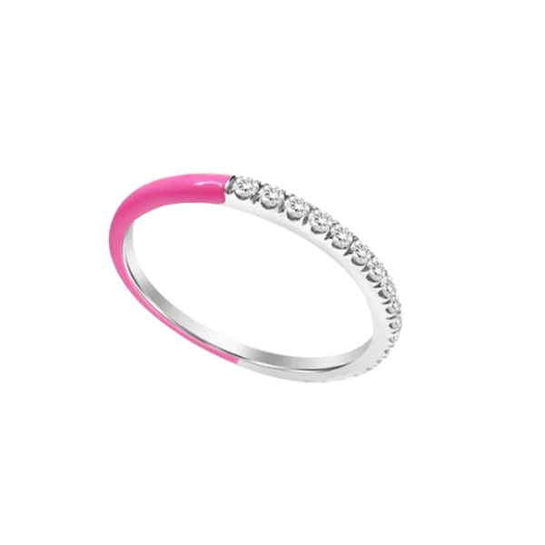 925 Sterling Silver Ring, Pave Diamond Enamel Ring, Enamel Diamond Ring, Pink Enamel Eternity Band Wedding Ring, Silver Diamond Ring RN-9258