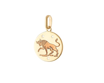 14k Plain Gold Pendant, Solid Gold Taurus Zodiac Pendant, 14k Gold Enamel Horoscope Charm Pendant, Gold Astrological Sign Pendant, PN-9394