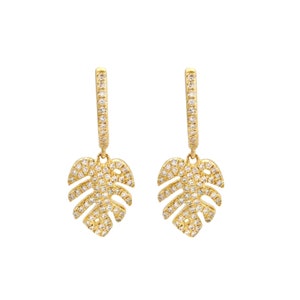 Pave Diamond Huggie Earrings, Diamond Leaf Hoop Earrings, Pave Diamond Hoop Earrings, 14k Solid Gold Hoop Earrings Gift for Women, EA-9416