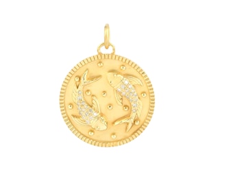Natural Diamond Zodiac Pendant, Diamond Pisces Sign Pendant, 14k Yellow Gold Zodiac Pendant, Real Diamond Astrology Pendant Women, PN-9495