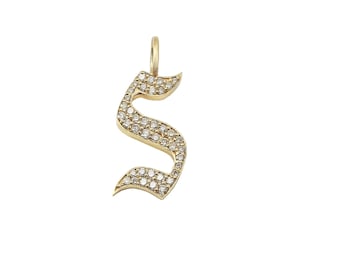 Pave Diamond Letter Charm, Real Diamond Initial Charm, Diamond Gothic Sign-hanger, massief geelgoud personaliseren monogram hanger, PN-4205