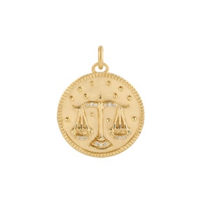 Naturalny diamentowy wisiorek Libra, 14-karatowy żółty złoty wisiorek, 14-karatowy żółty złoty wisiorek ze znakiem zodiaku, prawdziwy diamentowy wisiorek astrologiczny, PN-10021