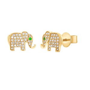Natural Diamond Elephant Stud Earrings, 14k Yellow Gold Stud Earrings, Gold Mini Stud Earrings, 14k Gold Tiny Earrings Animal Studs, EA-9440