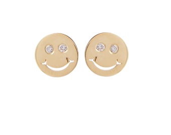 14k Solid Yellow Gold Stud Earrings, 14k Gold Minimalist Studs, Diamond Smiley Tiny Studs, Gold Smiley Face Stud Earrings For Women, EA-6011