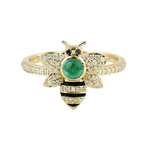 Pave Diamond Ring, Diamond Honey Bee Ring, 14k Yellow Gold Insect Ring, Solid Yellow Gold Ring, Emerald Gemstone Black Enamel Ring, RN-8371