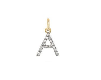 Pave Diamond eerste bedel, 14k geelgouden letterbedel, Pave Diamond beginletter &#39;A&#39;, 14k gouden woordnaam bedelhanger, PN-4563