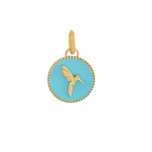 Plain Gold Pendant, 14k Yellow Gold Pendant, Solid Gold Pendant, 14k Yellow Gold Flying Bird Charm, Gold Turquoise Enamel Pendant, PN-9136