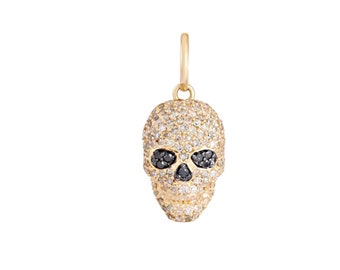 Pave Diamond Skull Pendant, 14k Yellow Gold Charm, Black Diamond Eyes