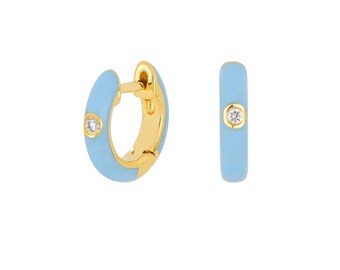 Enamel Huggie Earrings, Gold Plated with Cubic Zirconia, Colorful Earrings