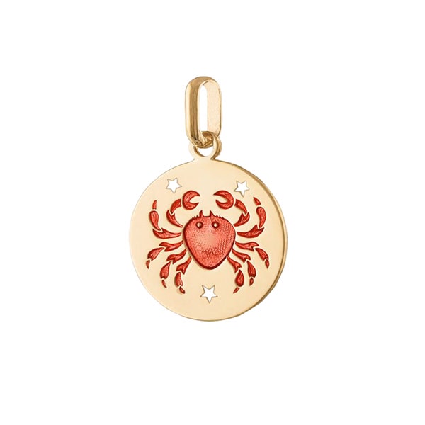 14k Yellow Gold Pendant, Solid Yellow Gold Crab Horoscope Pendant, 14k Enamel Zodiac Charm Pendant, Cancer Astrological Sign Charm, PN-9383