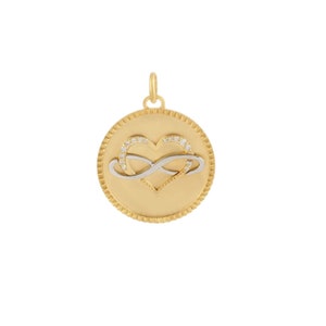 Natural Diamond Heart Pendant, Pave Diamond Heart Charm, 14k Yellow Gold Infinity Pendant, Diamond Round Disc Pendant for Women, PN-9218