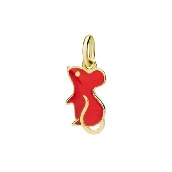 Solid Yellow Gold Rat Charm, 14k Solid Yellow Gold Charm, Yellow Gold Mouse Charm Pendant, 14k Gold Red Enamel Charm Pendant Gift, PN-5422