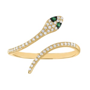 Pave Diamond Snake Ring, Pave Diamond Ring, Diamond Snake Ring, 14k Yellow Gold Emerald Snake Ring, Gemstone Serpent Ring for Women, RN-9038