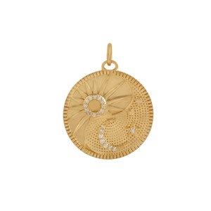 Natural Diamond Rising Sun Crescent Moon Pendant, Diamond Star Moon Pendant, 14k Yellow Gold Sun Charm, Real Natural Diamond Pendant PN-9275