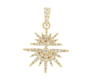 14k gult guld diamant Sunburst-hänge, Pave Starburst-berlock