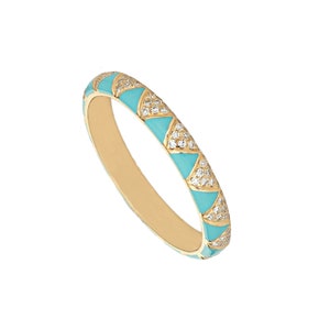 Pave Diamond Band Ring, 14k Yellow Gold Engagement Ring, Diamond Turquoise Enamel Band Ring, Solid Gold Diamond Band Ring for Women, RN-8370