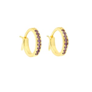 Amethyst Hoop Earrings, 14k Yellow Gold Huggie Earrings, Natural Gemstone Hoop Earrings, Gold Amethyst Hoop Huggie Earrings Women, EA-9452
