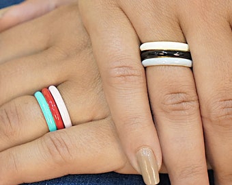 Anillo de oro de 14k con turquesa y esmalte, alianza de boda de oro macizo, talla US7