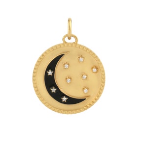 Natural Diamond Moon Crescent Pendant, Diamond Pendant, 14k Yellow Gold Pendant, Black Enamel Crescent Moon Pendant Gift for Women, PN-8296