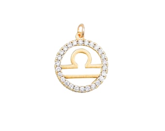 Natural Diamond Zodiac Pendant, 14k Yellow Gold Zodiac Sign Pendant, Solid Gold Pendant, Real Diamond Astrology Libra Pendant Women, PN-5160