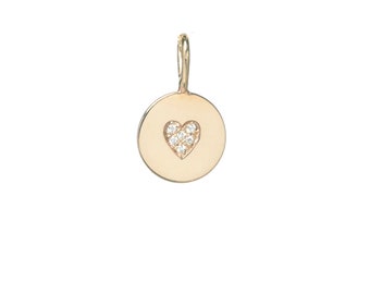 14k Yellow Gold Charm, Pave Set Diamond Heart Disc Charm Pendant, 14k Yellow Gold Circle Charm, Pave Diamond Heart Charm Pendant, PN-5458