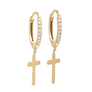 Pave Diamond Hoop Earrings, Real Diamond Cross, 14k Solid Yellow Gold Dangling Cross Earrings, Pave Diamond Huggie Earrings Women EA-10017