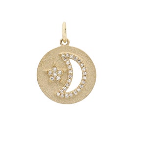Natural Diamond Pendant, Diamond Star Moon Pendant, 14k Yellow Gold Charm Pendant, Solid 14k Gold Diamond Crescent Moon Disc Charm, PN-9103